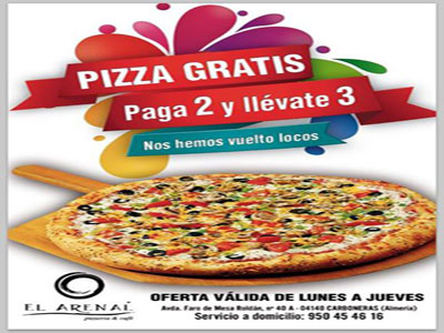 La pizzería El Arenal de Carboneras lanza una fantástica oferta “Paga 2 y llévate 3”