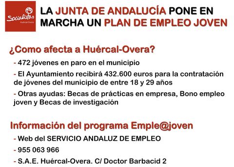 Noticia de Almería 24h: El PSOE exige al PP que presente cuanto antes los proyectos de empleo para que los 472 jóvenes desempleados del municipio se puedan beneficiar de los 432.600 € que la Junta ha destinado para el municipio