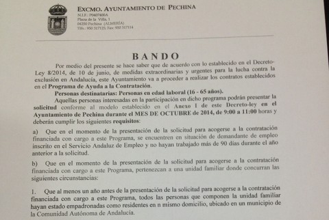 El Ayuntamiento informa mediante Bando sobre la puesta en marcha del Programa de Ayuda a la Contratacin 