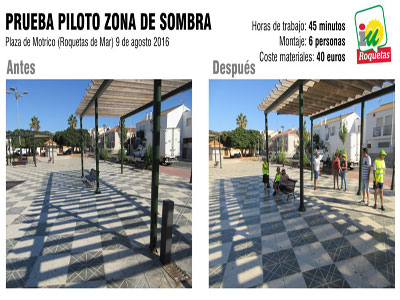 IU cubre una prgola como accin de denuncia ante la falta de zonas de sombra en las plazas de Roquetas