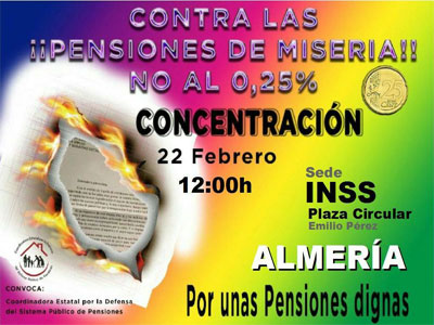 Para el prximo 22 de febrero, se convocan concentraciones en Almera y en toda Espaa en defensa de las pensiones pblicas