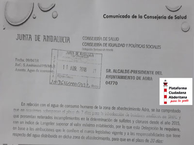 Noticia de Almería 24h: Sr. Arróniz, informar sobre la mala calidad del agua de adra no es sembrar alarma social, sino una obligación que usted incumple