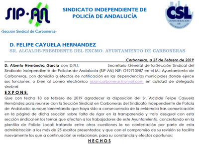 El sindicato Sip-An Sección Sindical de la Policía Local de Carboneras acusa al alcalde de trato discriminatorio