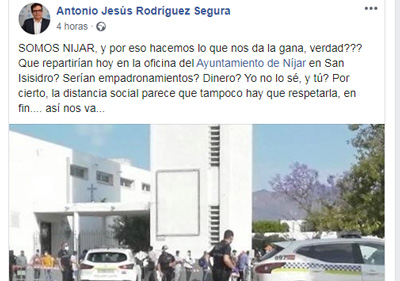 Noticia de Almería 24h: Un comentario con tintes racistas del candidato del PP de Níjar, Antonio Jesús Rodríguez Segura, genera polémica en las redes sociales