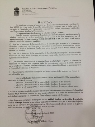 El Ayuntamiento informa mediante Bando sobre la puesta en marcha del Programa de Ayuda a la Contratación 